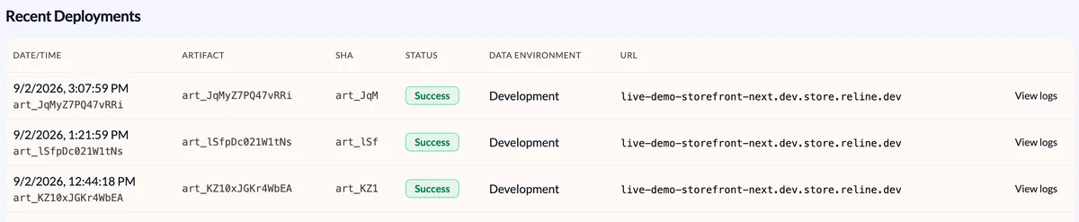 Recent deployments for the storefront